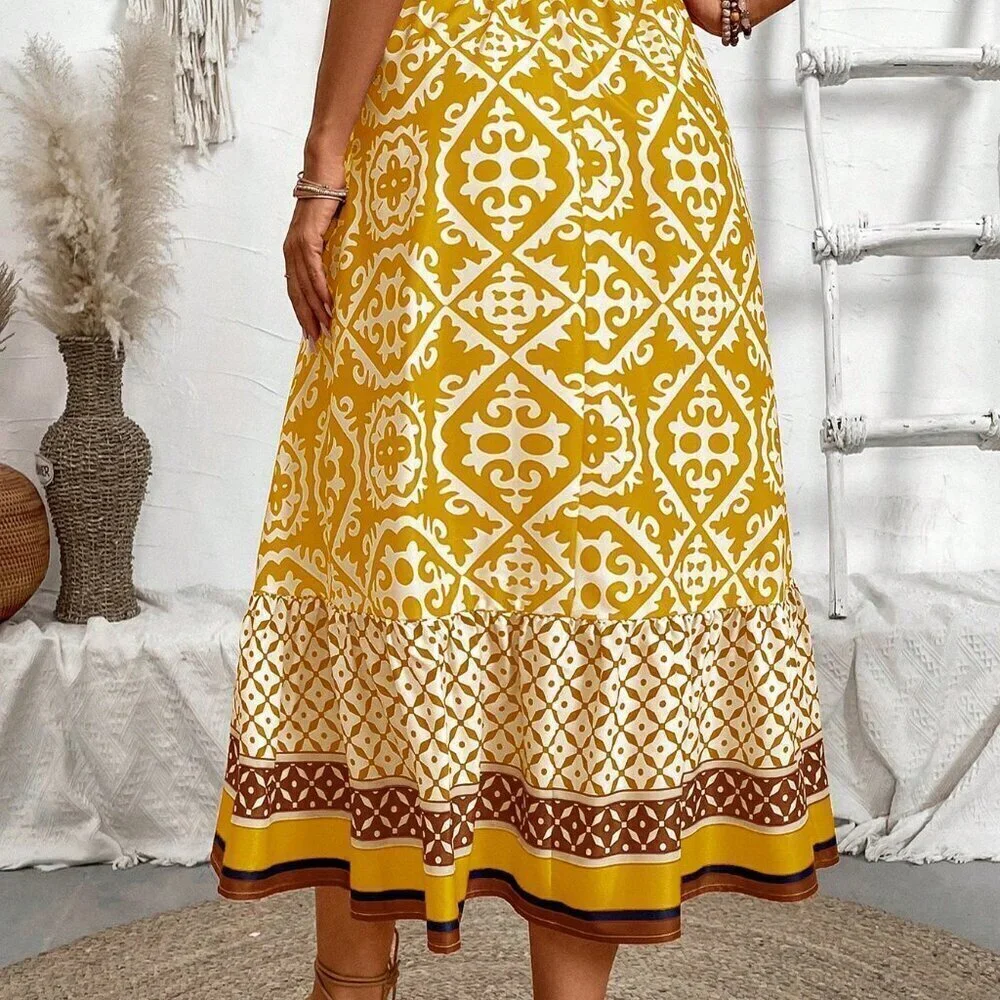 Yellow Boho Women's Vacation Style Allover Print Skirt
